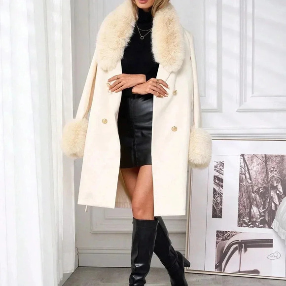 Apricot Elegant Women's Long Sleeve Double Breasted Long Wool Coat - Picture 5 of 7